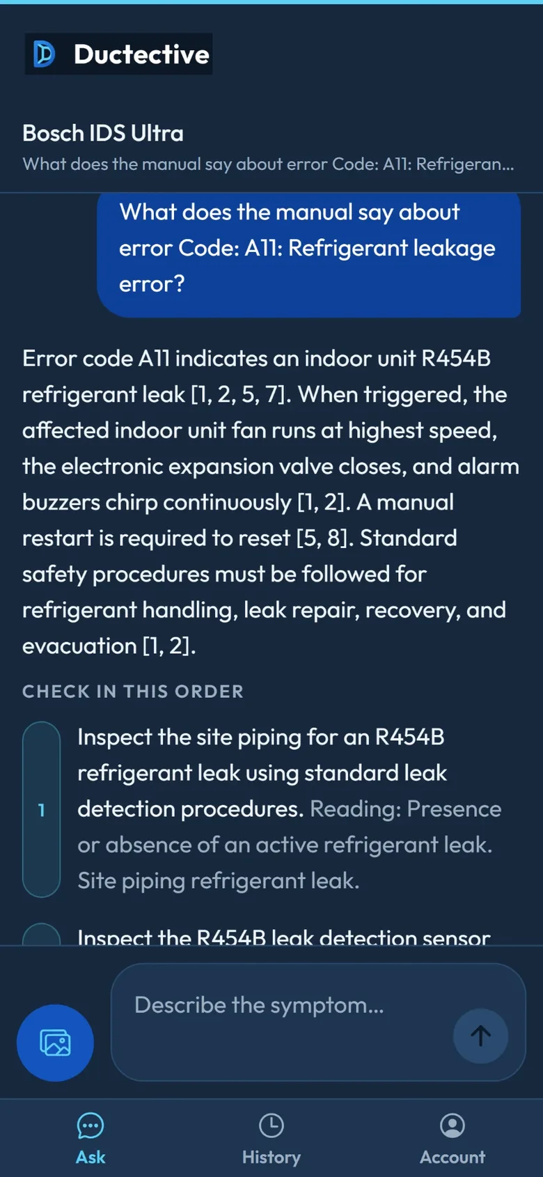 An answer about a fault code, with ordered inspection steps and the readings to take at each one.
