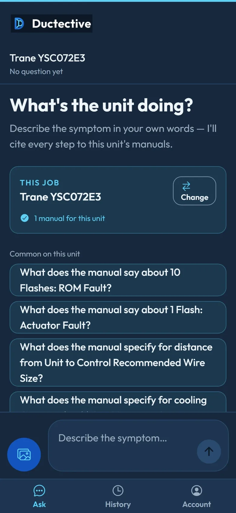 A selected unit with a symptom prompt and a list of common questions for that unit.