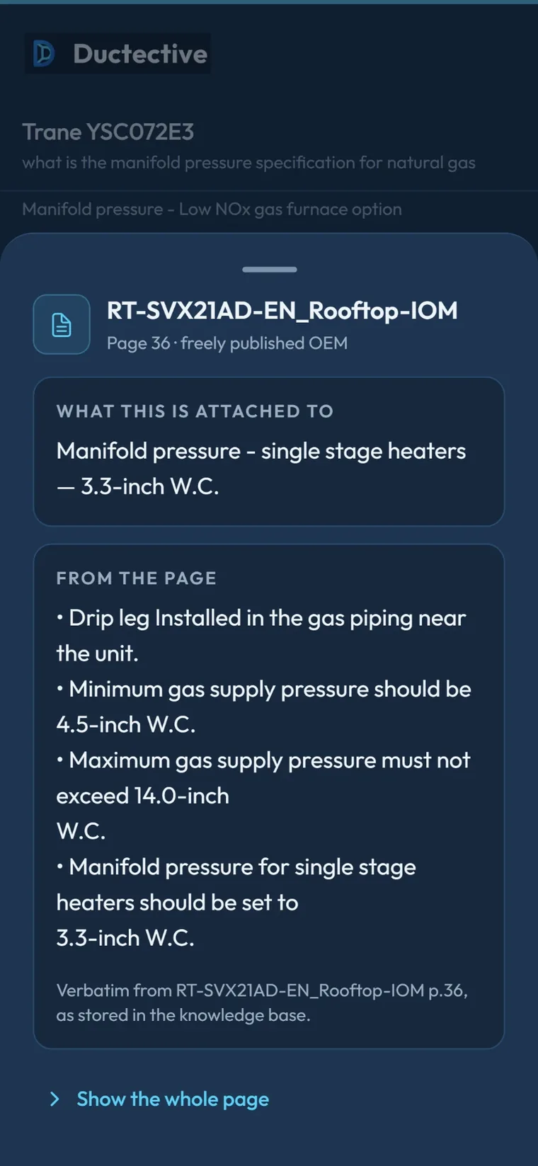 The source passage panel, showing the manual page a citation points to and the exact lines the answer was drawn from.